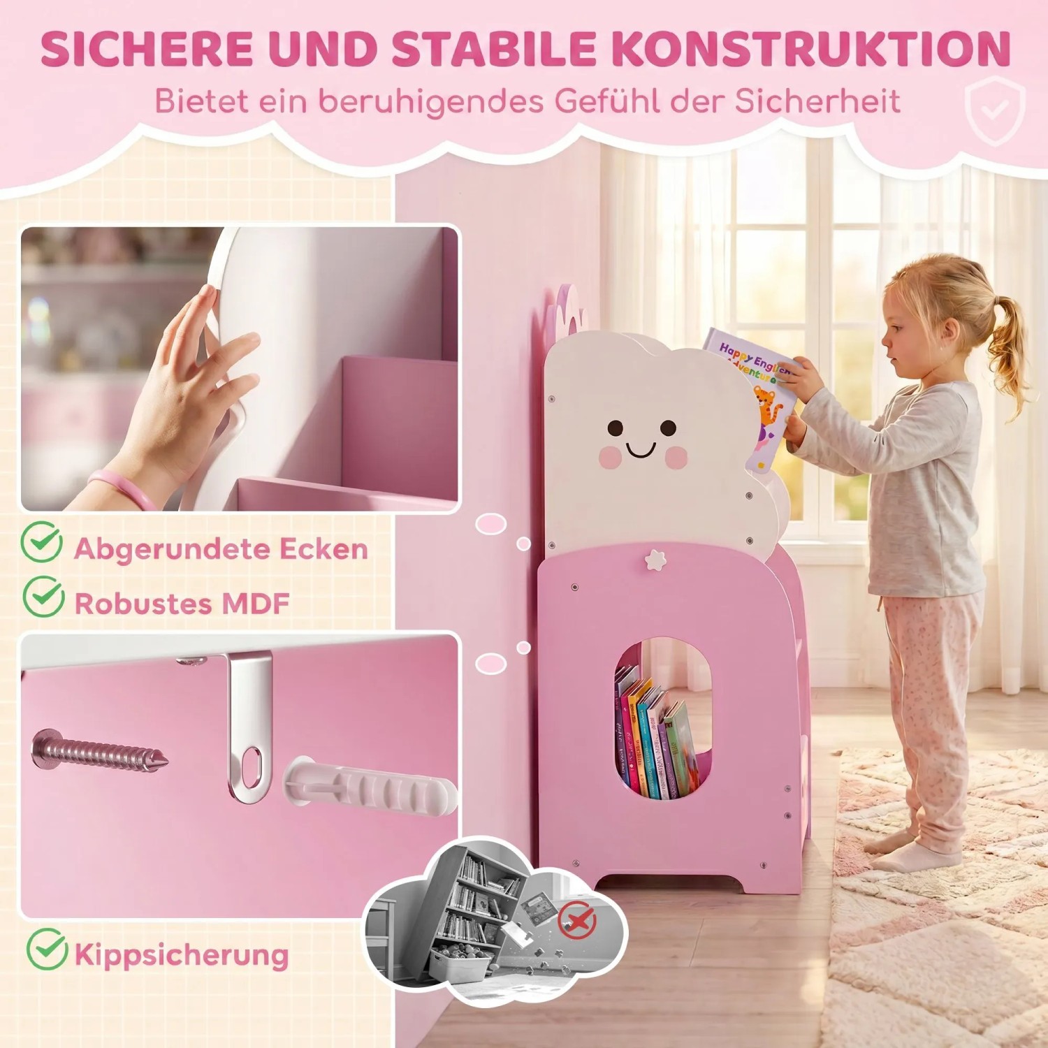 Rosa-weißes AIYAPLAY Kinderregal aus MDF mit Wolkenform, abgerundeten Ecken und Kippsicherung. Kind nimmt Buch.