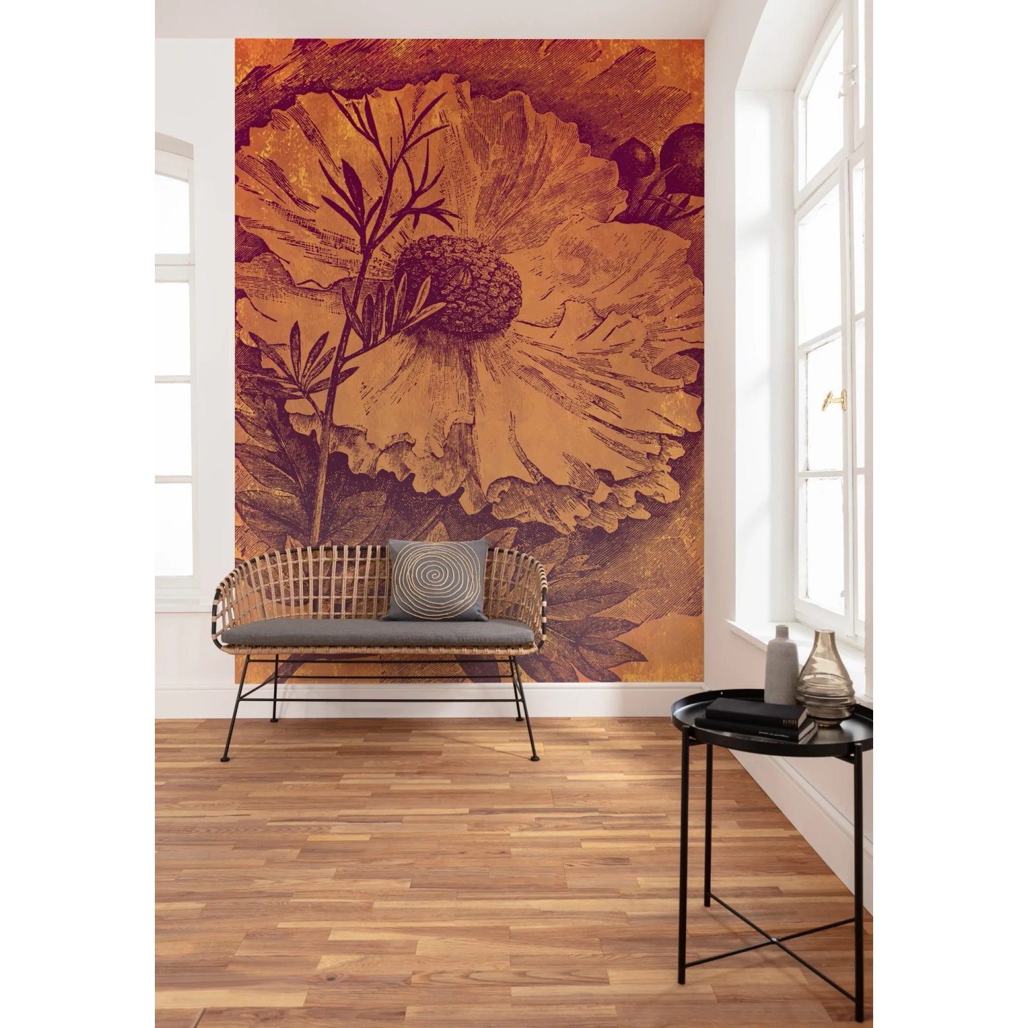 Komar Vlies Fototapete Harvest 200x280cm mit großem Blütenmotiv in Braun- und Orangetönen.