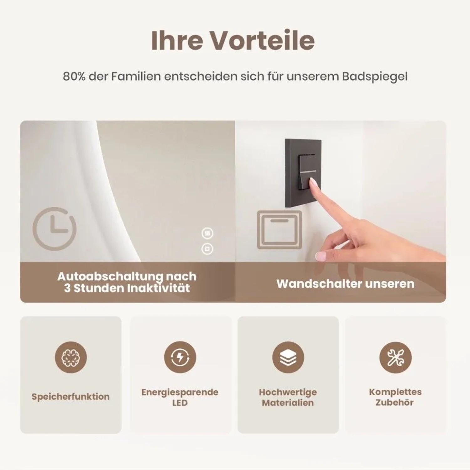 Emke LED Badspiegel Vorteile: Auto-Abschaltung, Wandschalter, Speicher, energiesparende LED, hochwertige Materialien, Zubehör.