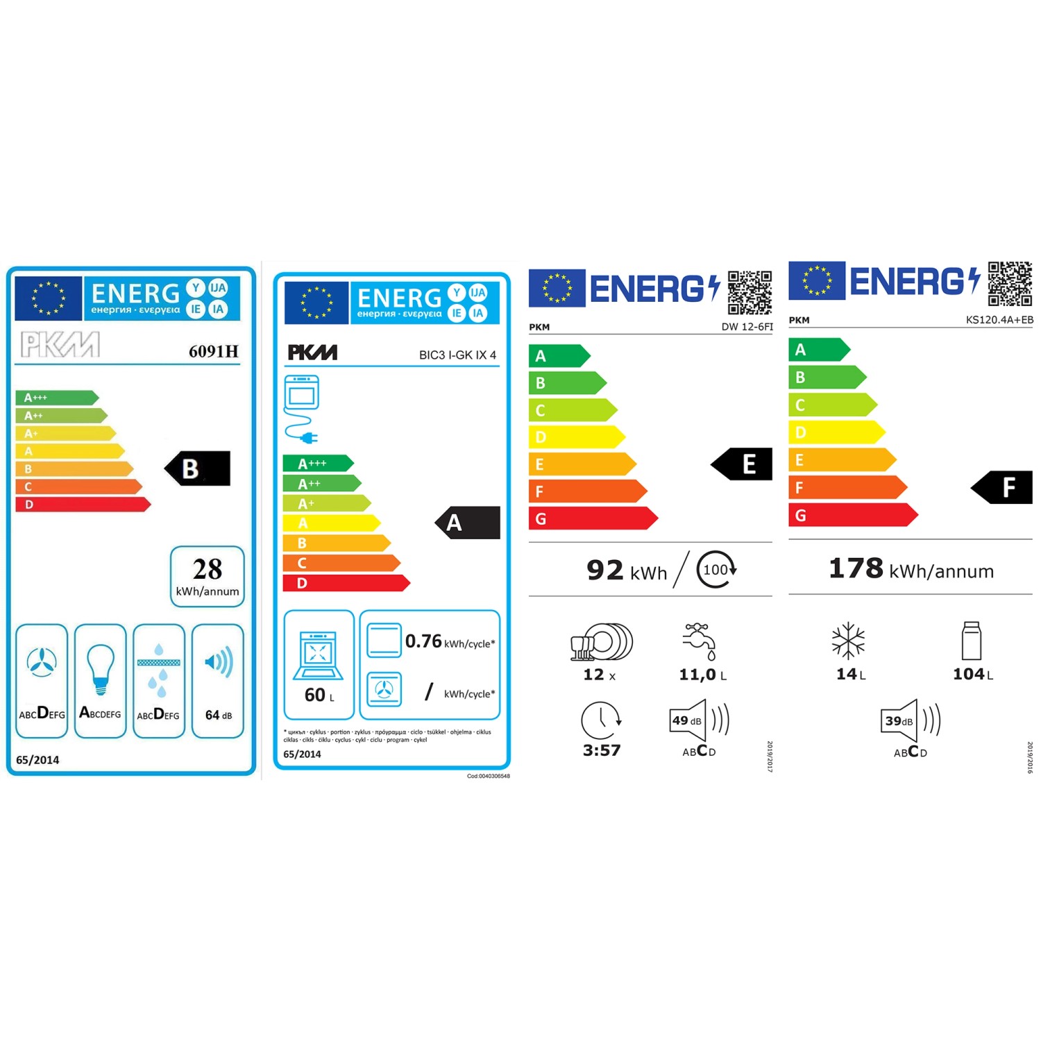 Energieeffizienzlabel für PKM-Geräte: Backofen, Geschirrspüler und Kühl-/Gefrierkombination.