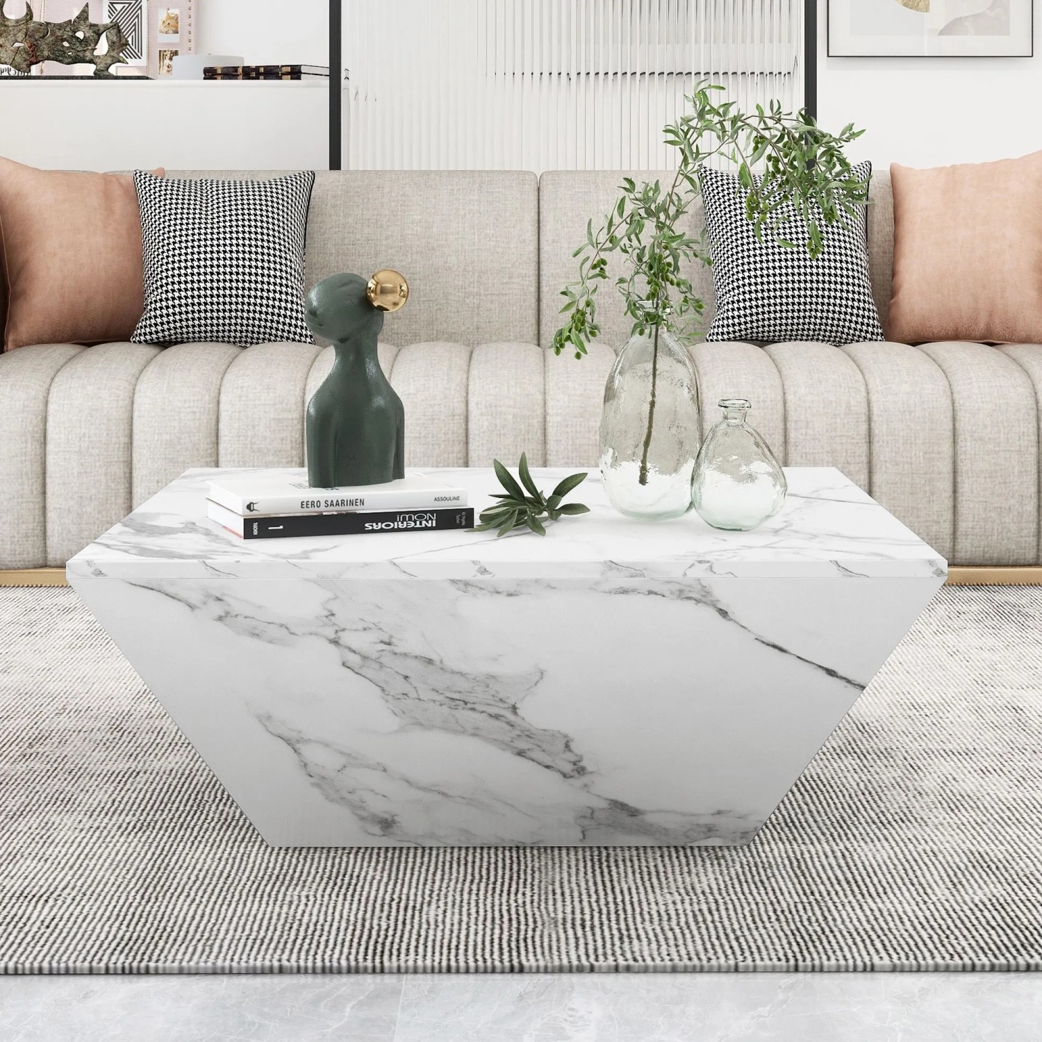 okwish Couchtisch Modern Marmorfurnier Wohnzimmer 70x70x37cm Weiß_4