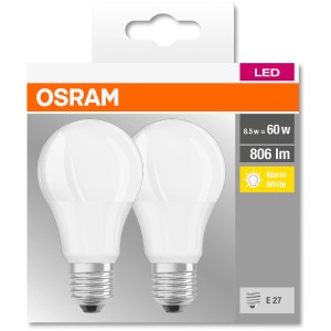 2er Set Osram LED E27 Leuchtmittel in Glühlampenform, 8,5W, warmweiß.
