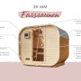 Karibu Fasssauna Quadro 1 aus naturbelassenem Holz mit Ofen und Glas-Tür.