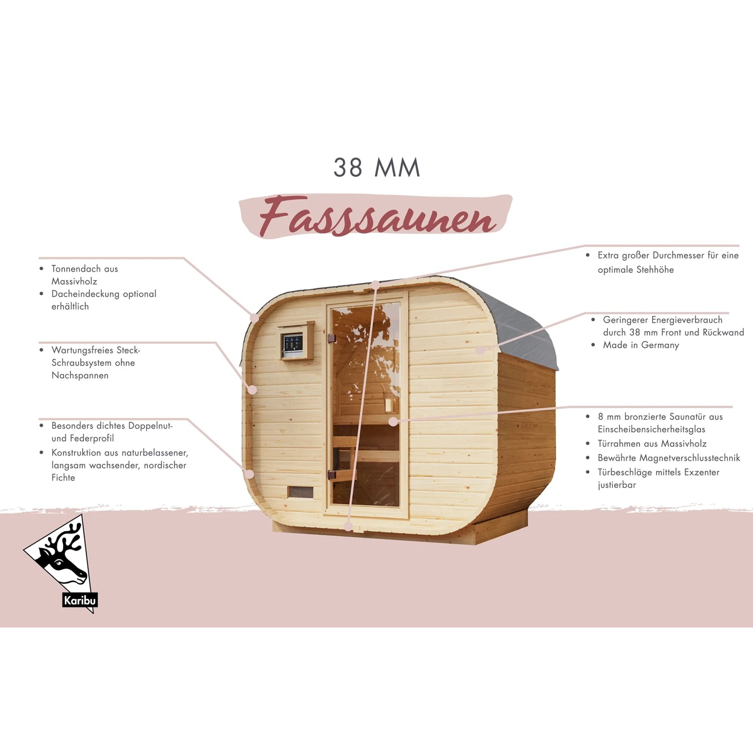 Karibu Fasssauna Quadro 1 aus naturbelassenem Holz mit Ofen und Glas-Tür.