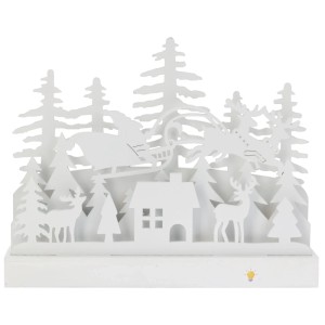 Weiße MDF Weihnachtsszene mit LED-Lichtern: Baum, Haus, Rentier, Weihnachtsmann im Schlitten.