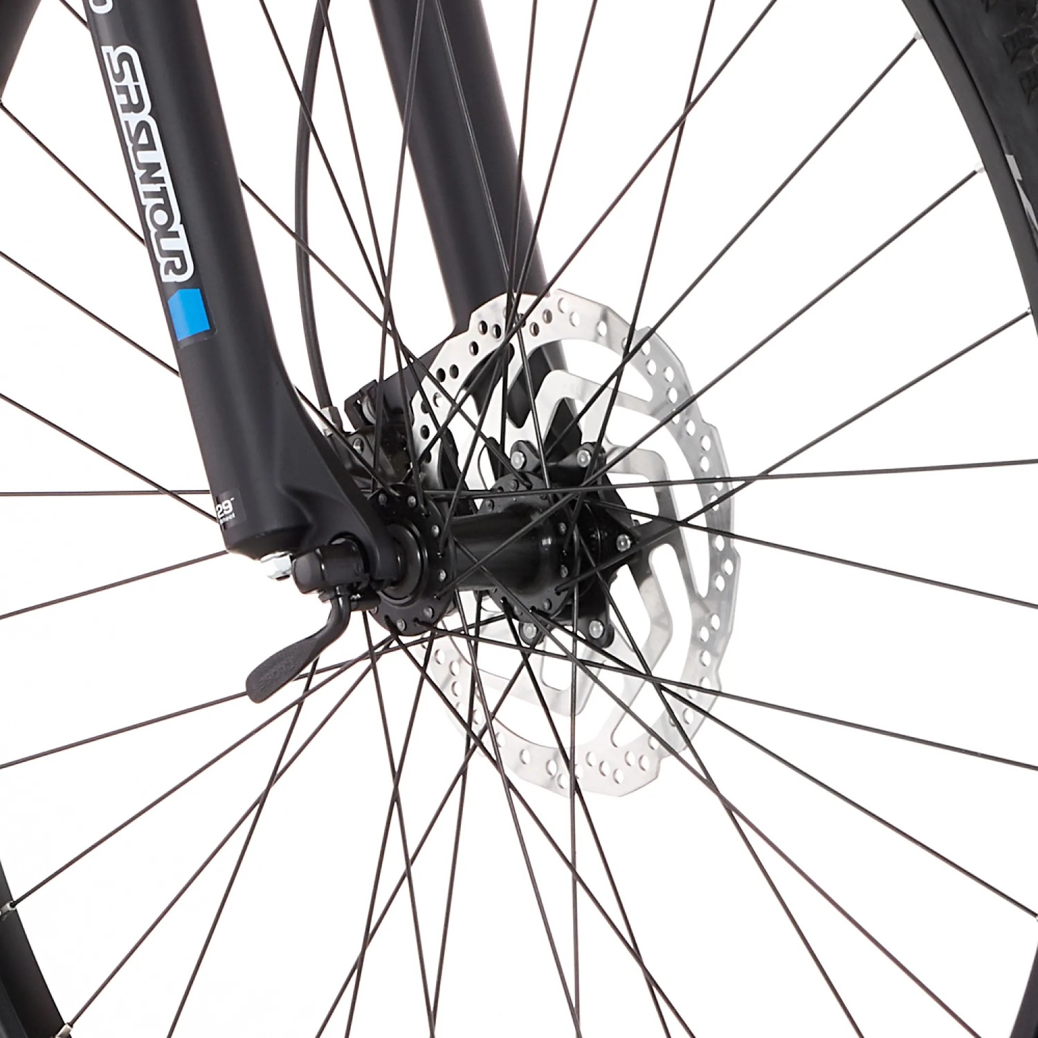 Detailaufnahme Vorderrad mit Scheibenbremse und Federgabel des Fischer E-Bike Mountainbike Montis.
