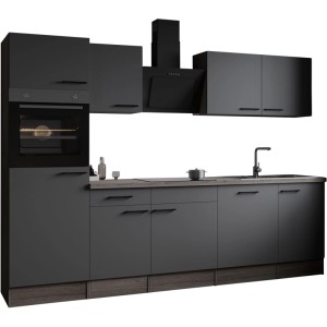 Moderne Respekta Küchenzeile Oliver, 280 cm, Eiche York/Grau Matt mit E-Geräten.