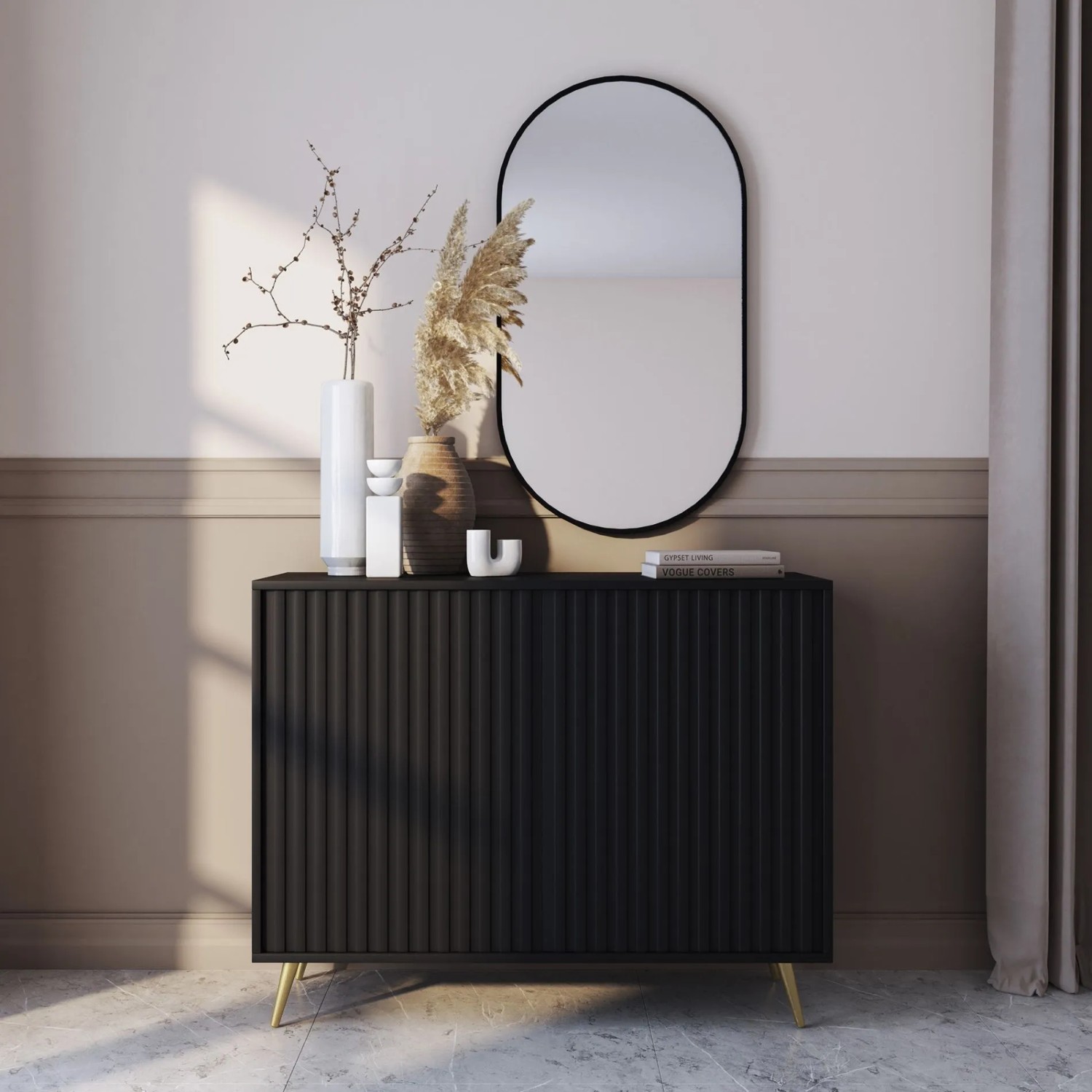 Selsey Selsey Sideboard Bello mit Lamellenfronten 104 cm Schwarz mit Goldenen Beinen_2