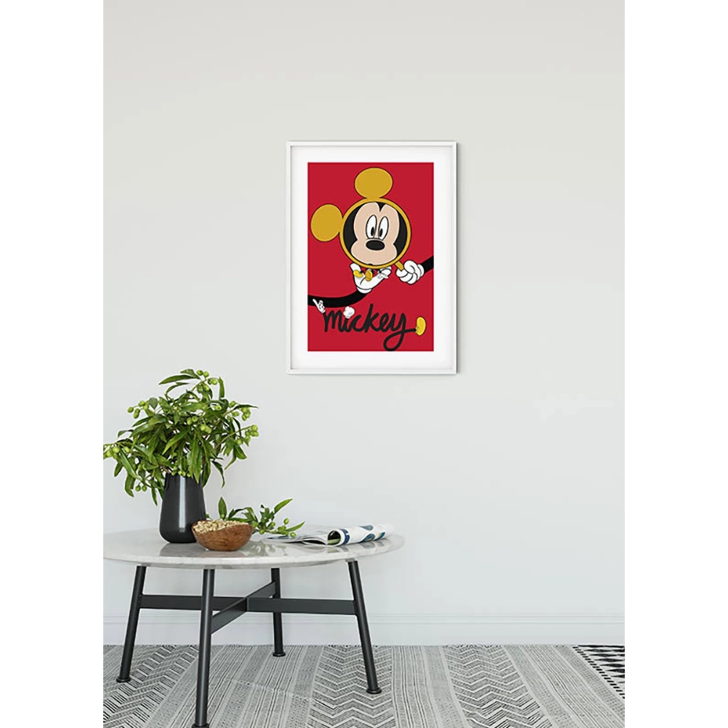 Wandbild: Mickey Mouse im weißen Rahmen, 40x50 cm. Dekoratives Glasbild für Kinderzimmer.