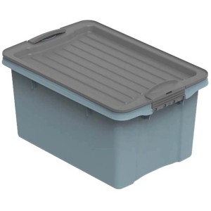 Blaue Rotho Stapelbox Compact A5 (4,5 l) mit grauem Deckel. Ideal zur Aufbewahrung und platzsparend stapelbar.