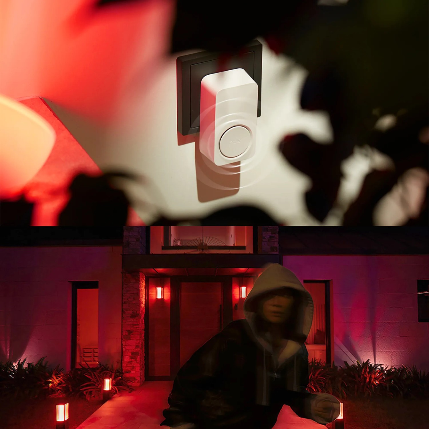 Philips Hue Indoor Sirene Secure in Weiß, Teil einer Kameraüberwachung mit Alarmsignal.