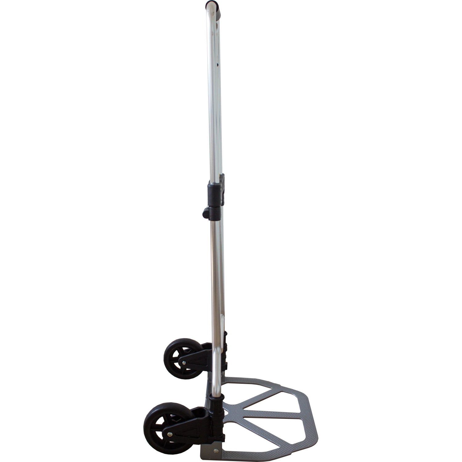 Zusammengeklappte Transport- und Sackkarre mit Teleskoprahmen und Rädern, max. 70 kg Tragkraft.