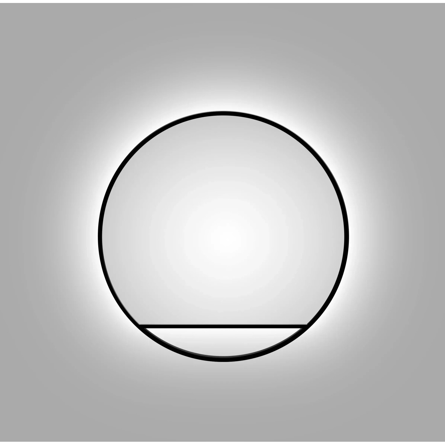 Runder DSK Design LED-Lichtspiegel Silver Cosmos, Ø 60 cm, mit schwarzem Rahmen und indirekter Beleuchtung.