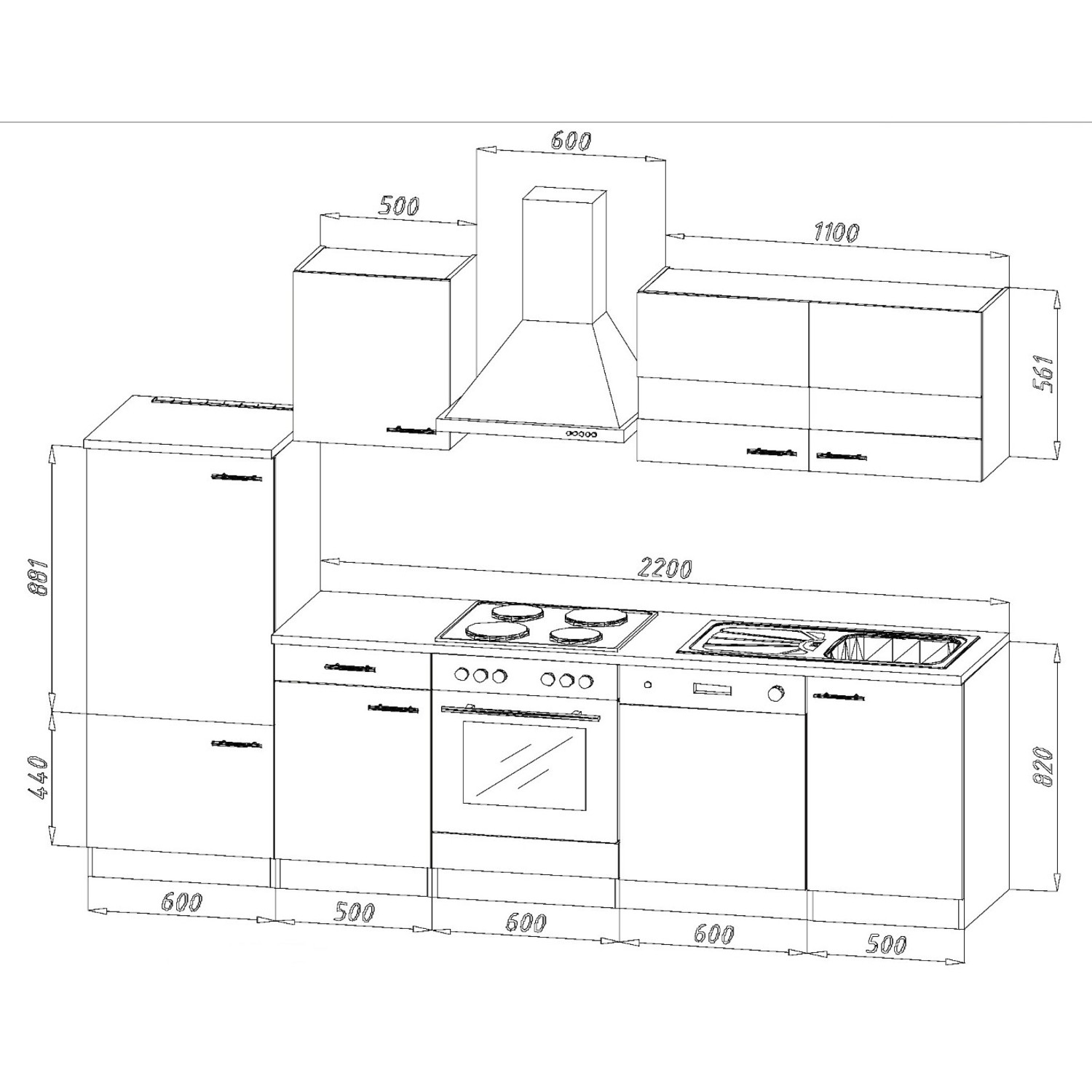 Skizze der Respekta Economy Küchenzeile KB280WWBSC, 280 cm, Weiß und Beton Optik, mit Maßen.