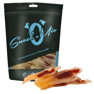 SnackOMio Kausnack für Hunde: Kaninchenohren mit Hühnerbrustfilet, luftgetrocknet und getreidefrei.