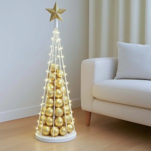 Weißer Deko-Baum aus Metall, 115 cm hoch, mit goldenen Kugeln und Stern als Weihnachtsdekoration.