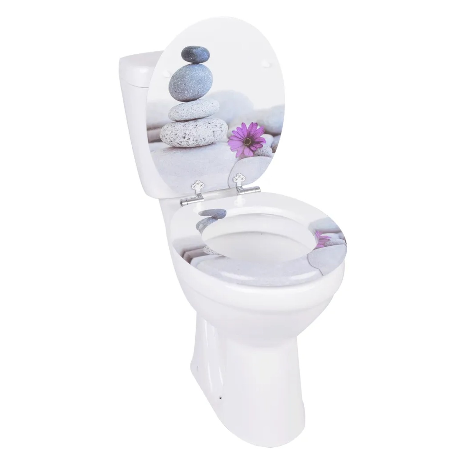 Sinobath WC-Sitz Oval mit Zen Wellness Motiv: gestapelte Steine und lila Blume. Mit Absenkautomatik.