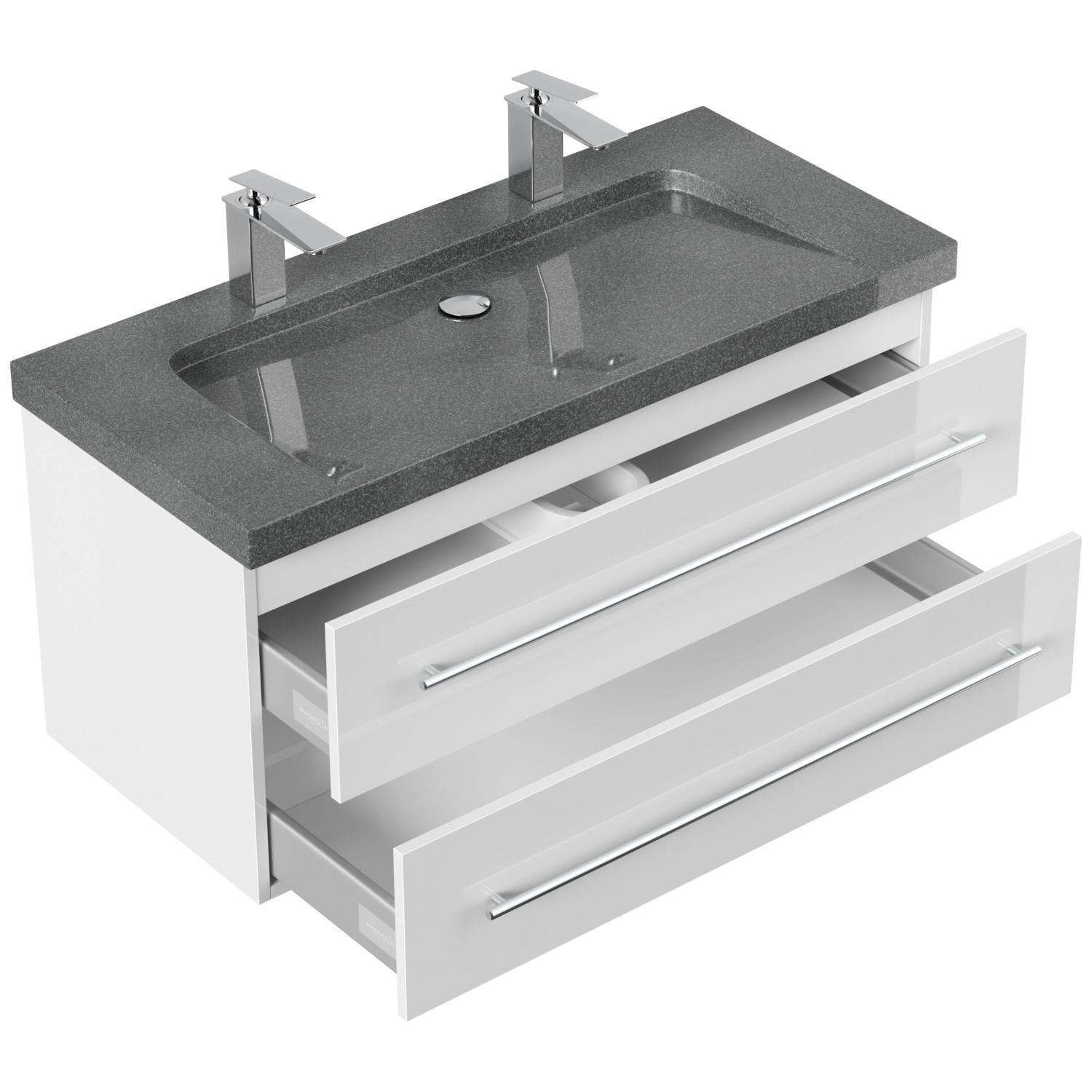 Posseik Badmöbel-Set Yamo, 100 cm, Weiß Hochglanz mit Granit Waschbecken und zwei Schubladen.