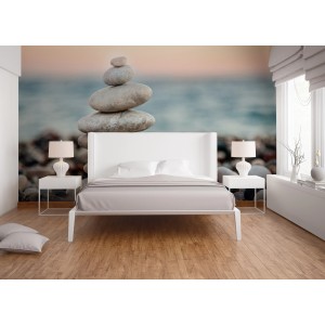 Fototapete Steine Strand Meer blau-grau im Schlafzimmer, 3,50x2,55m