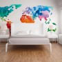 Fototapete Weltkarte bunt (3,50x2,55m) im Schlafzimmer als Wanddeko.