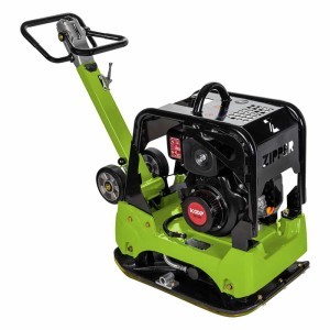 Grüne und schwarze Zipper Diesel-Rüttelplatte ZI-RPE160D mit starkem Motor, Griff und Transporträdern für Baustellen.