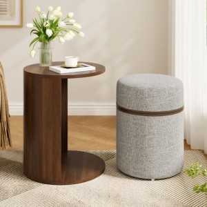 Merax Beistelltisch mit Hocker Rund Stauraum Holzoptik