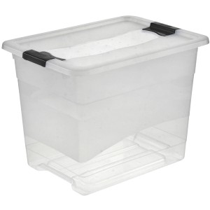 Transparente Kristallbox 24 l mit Deckel und schwarzen Clips zur Aufbewahrung.