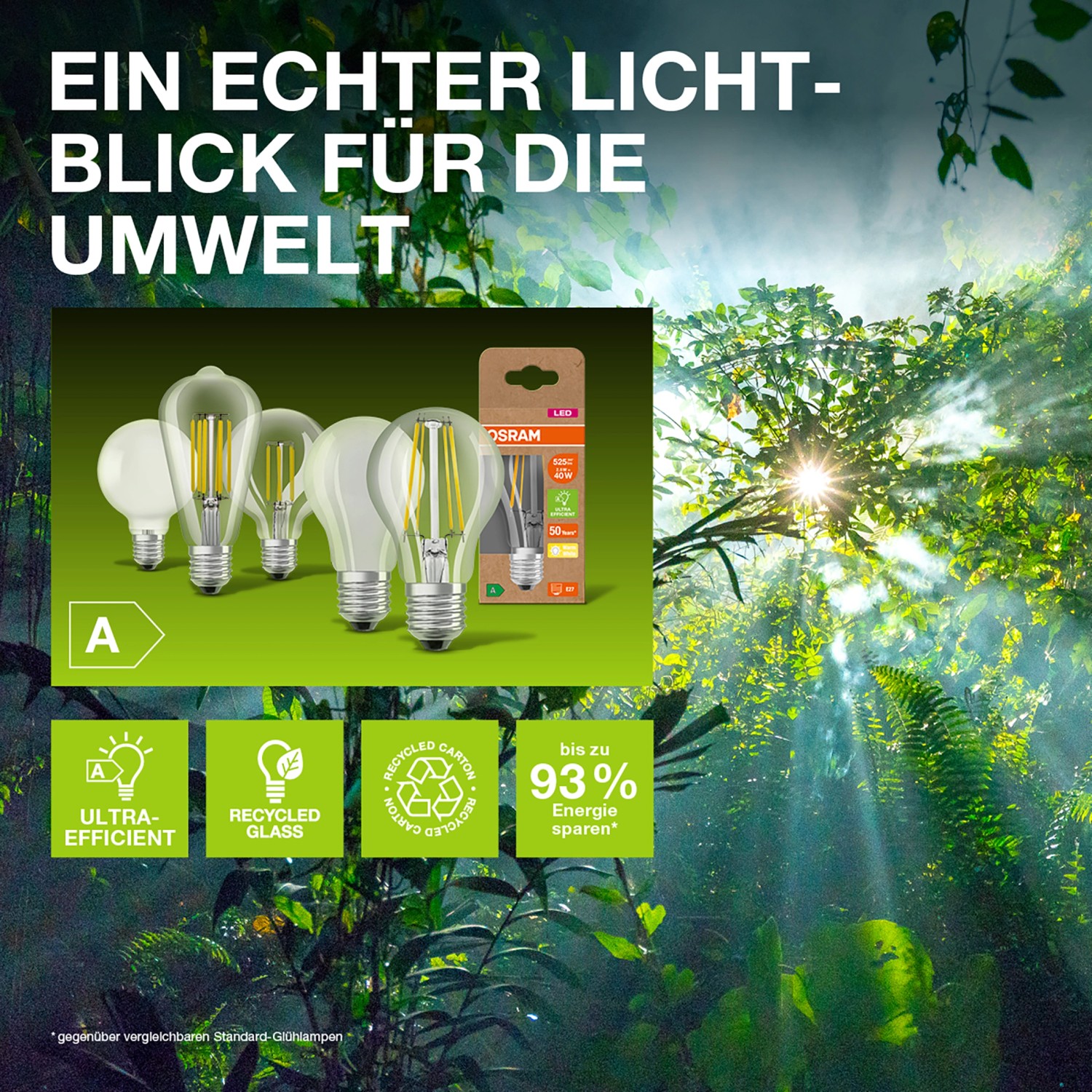 LEDVANCE E27 LED-Leuchtmittel in Glühlampenform, verschiedene Modelle und Verpackung vor grünem Hintergrund.