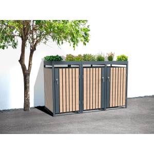 Westmann Mülltonnenbox Planta für 3 Tonnen, anthrazit mit Holzoptik und Pflanzdach.
