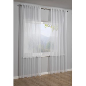 Weißer, transparenter Fertigschal (135x245 cm) mit Crashoptik von Sehlbach für Gardinenstange oder -schiene.