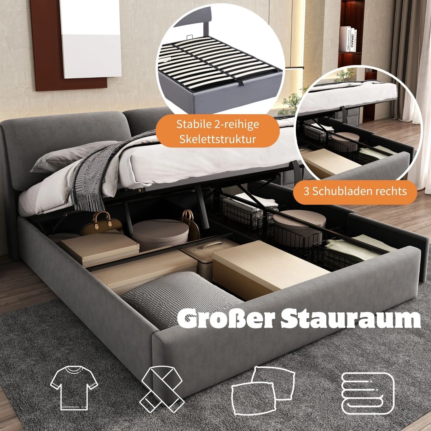okwish Polsterbett 140x200cm mit 3 Schubladen Schlafzimmer Grau ohne Matratze_7