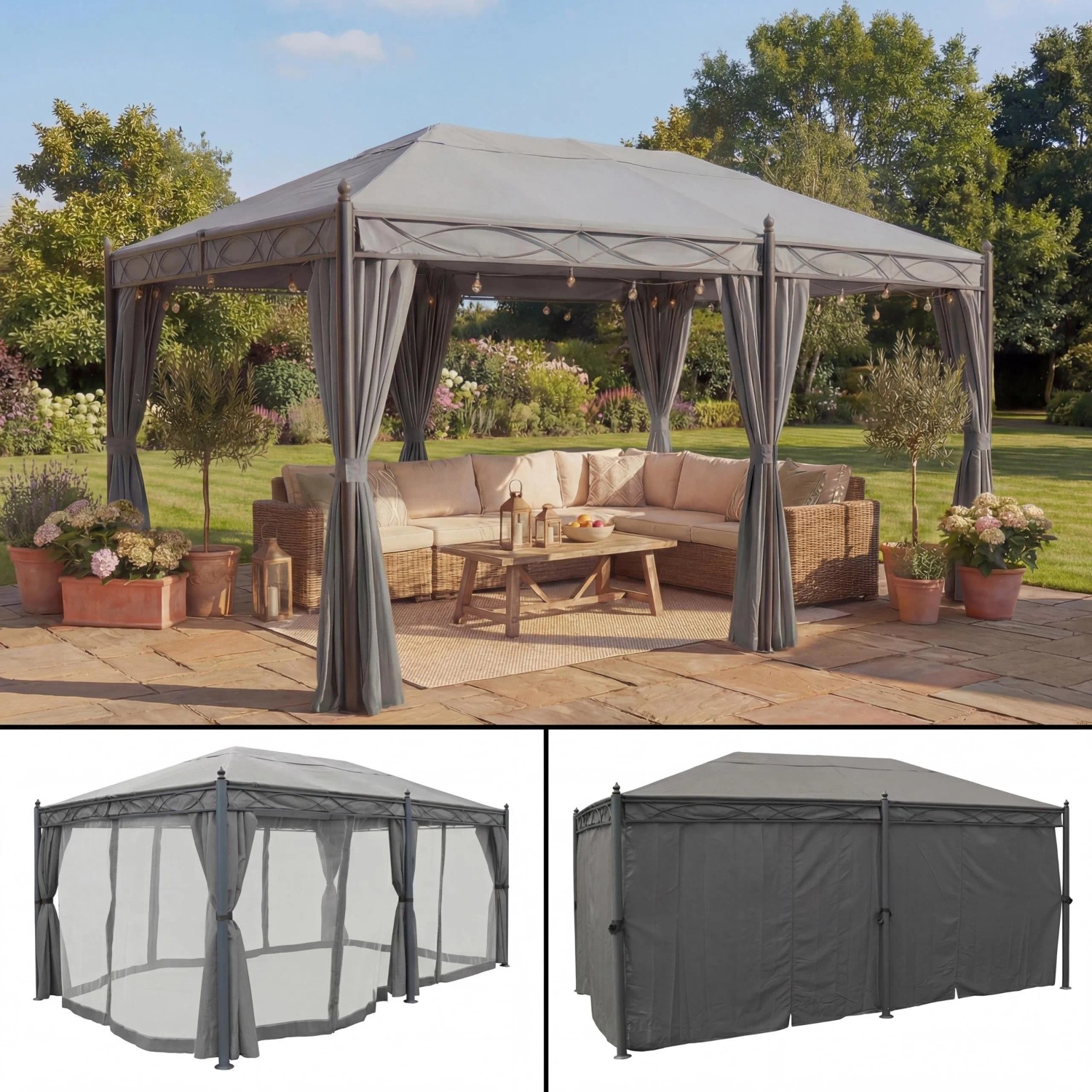 Graue MCW Pergola Calpe 5x3m mit Seitenwand und Moskitonetz im Garten.
