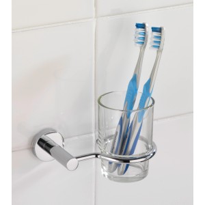 Wenko Zahnputzbecherhalter Elegance Chrom mit Glasbecher und zwei Zahnbürsten.