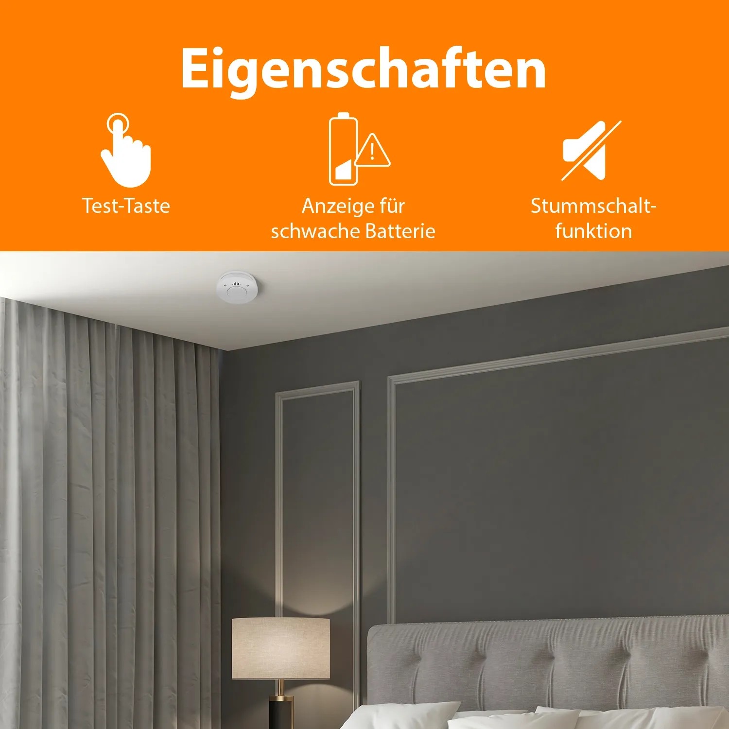 Smartwares Rauchmelder 3er-Set RM520/3 an Zimmerdecke, mit Testtaste, Batterieanzeige und Stummschaltfunktion.