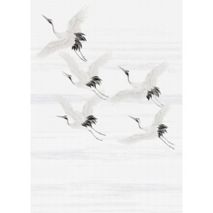 Art for the Home Fototapete mit Kranichen im Flug auf hellem Hintergrund.
