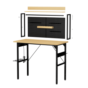 okwish Werkbank mit Lochwand Rollen AC/USB Für Garage 120x60x155cm Natur