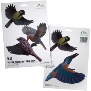 Gardigo Vogel Silhouetten Heimische Vögel, 5er Set, bunte Fensteraufkleber zur Vogelabwehr.