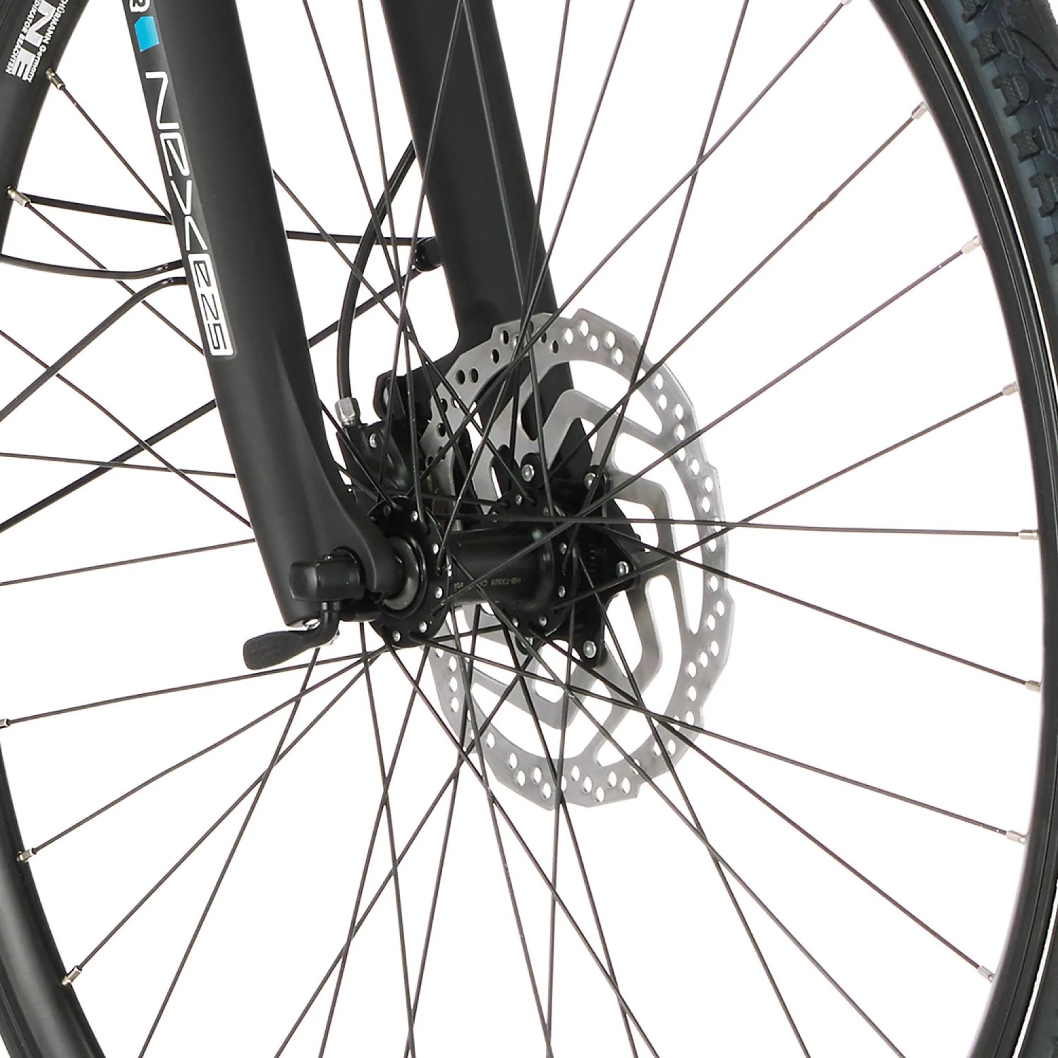Detailaufnahme Vorderrad mit Scheibenbremse am Fischer E-Bike Trekking-Rad Viator 4.1i Damen.