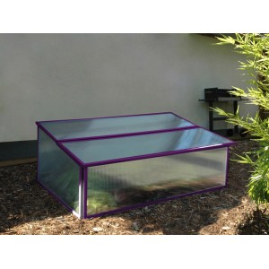 Frühbeet Levana in Feige, 37x95x55 cm, mit transparenten Hohlkammerplatten und lila Rahmen.