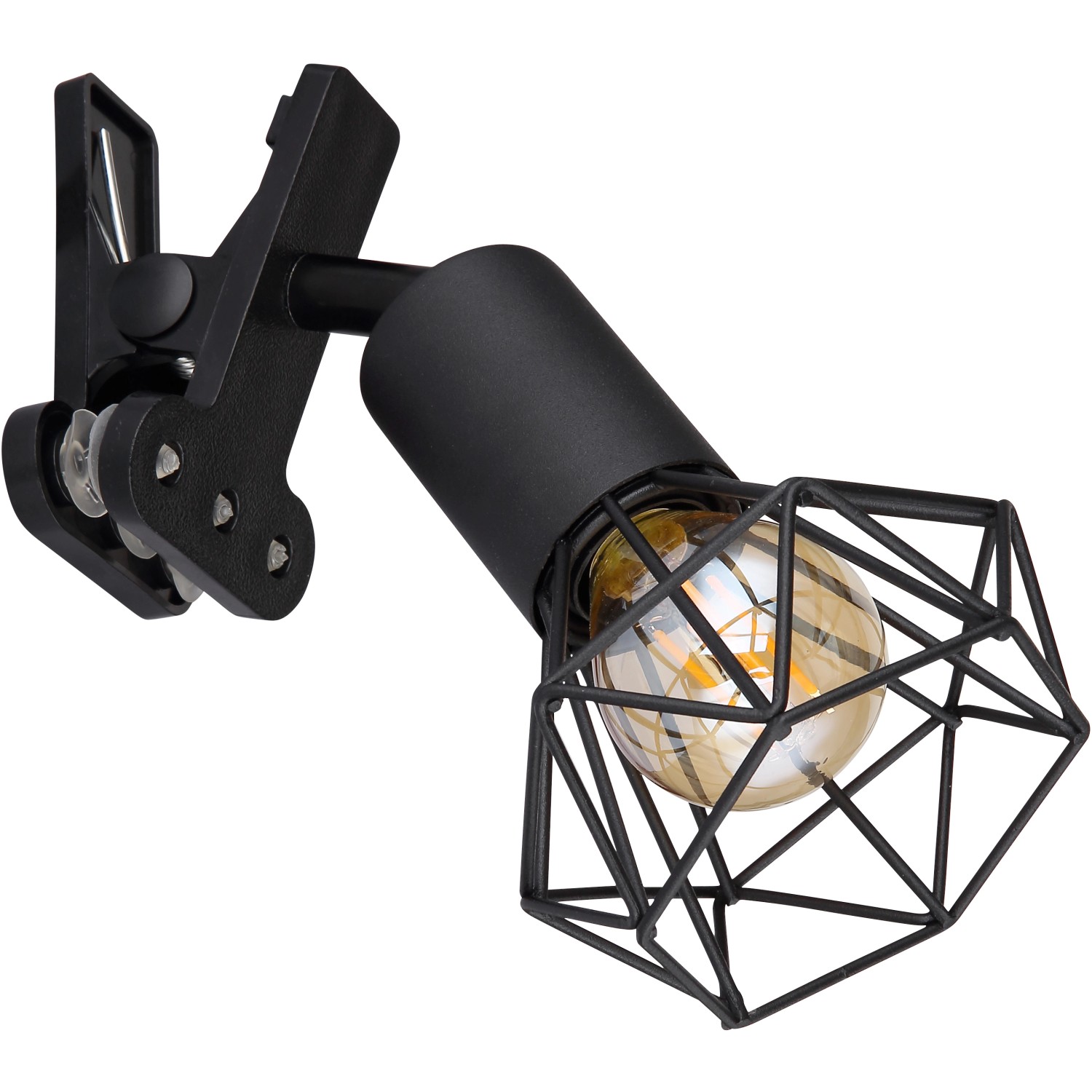 Schwarze Globo Klemmleuchte Xara I mit Metallgeflecht-Schirm und E14 Fassung.