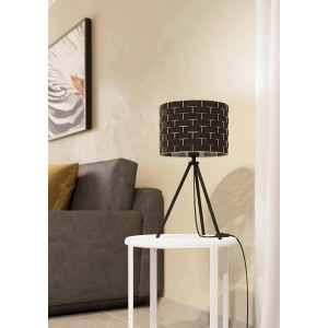 Moderne Eglo Tischleuchte Marasales in Schwarz-Messing mit Stoffschirm und Dreibein-Fuß.