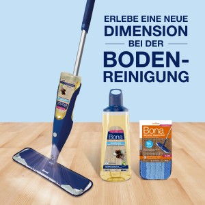 Bona Reiniger für geölte Böden mit Spray Mop und Reinigungspad. Ideal für die Pflege geölter Parkettböden.