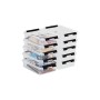 Gestapelte SmartStore Classic Aufbewahrungsboxen 1 l mit transparentem Deckel und schwarzen Clips.