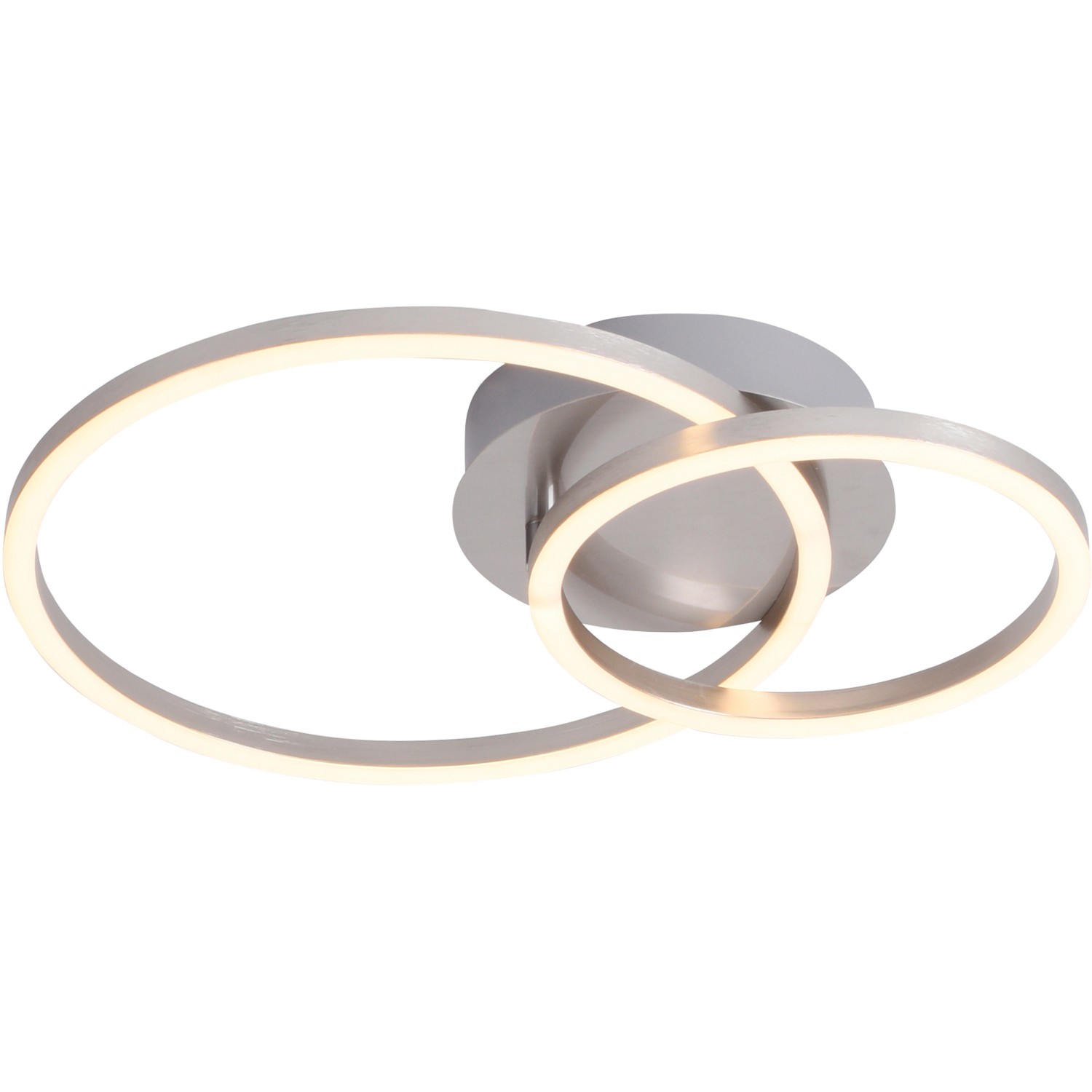 Moderne LED-Deckenleuchte Ivanka von Just Light mit drei verschlungenen Ringen in Silber.