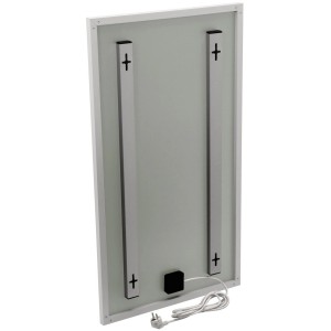 Rückansicht des weißen Heizpaneels Infrae Frame M 800 W mit Montageschienen und Kabel.