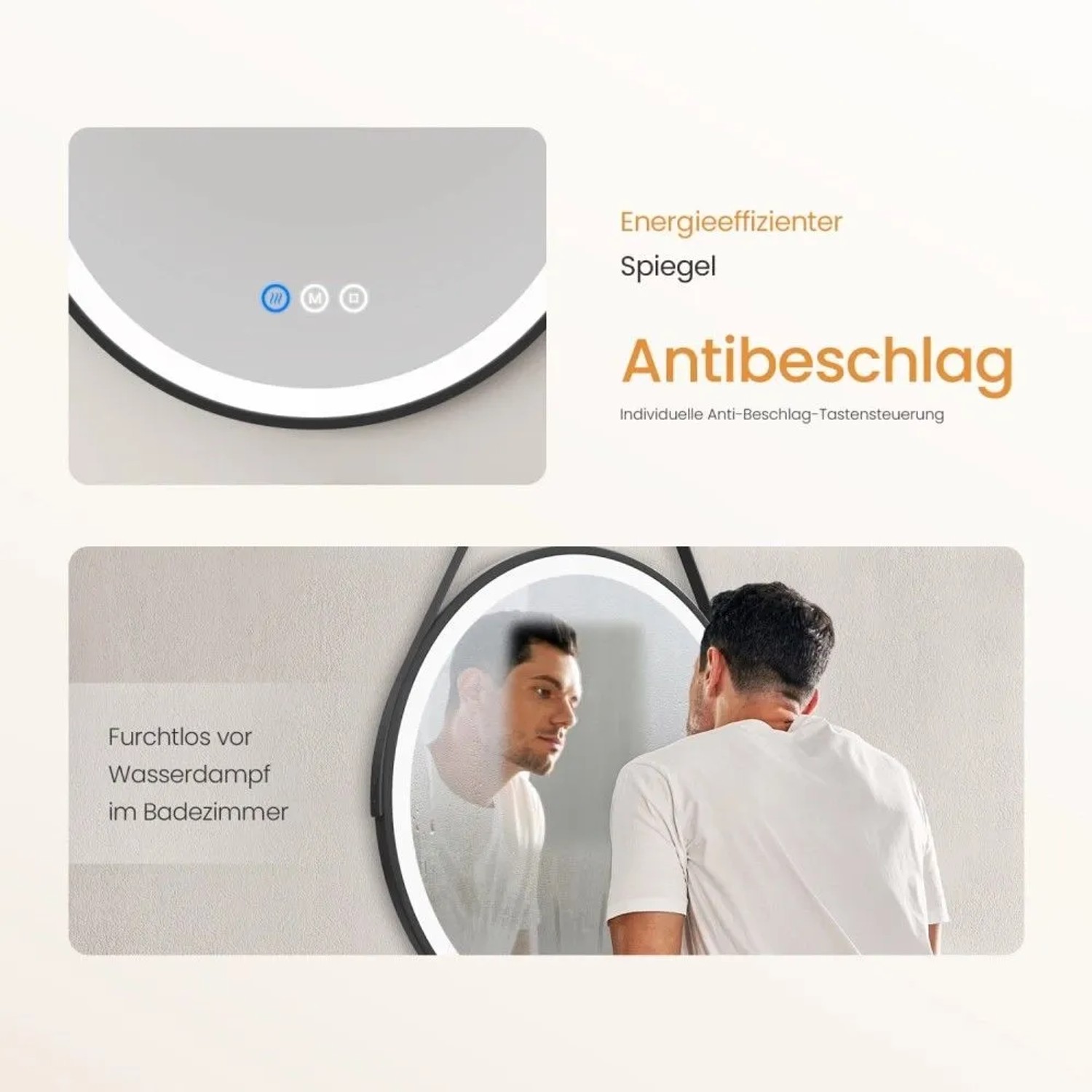 Runder Emke Badspiegel mit LED-Beleuchtung, schwarzem Rahmen und Touch-Steuerung. Beschlagfrei für klare Reflexionen.