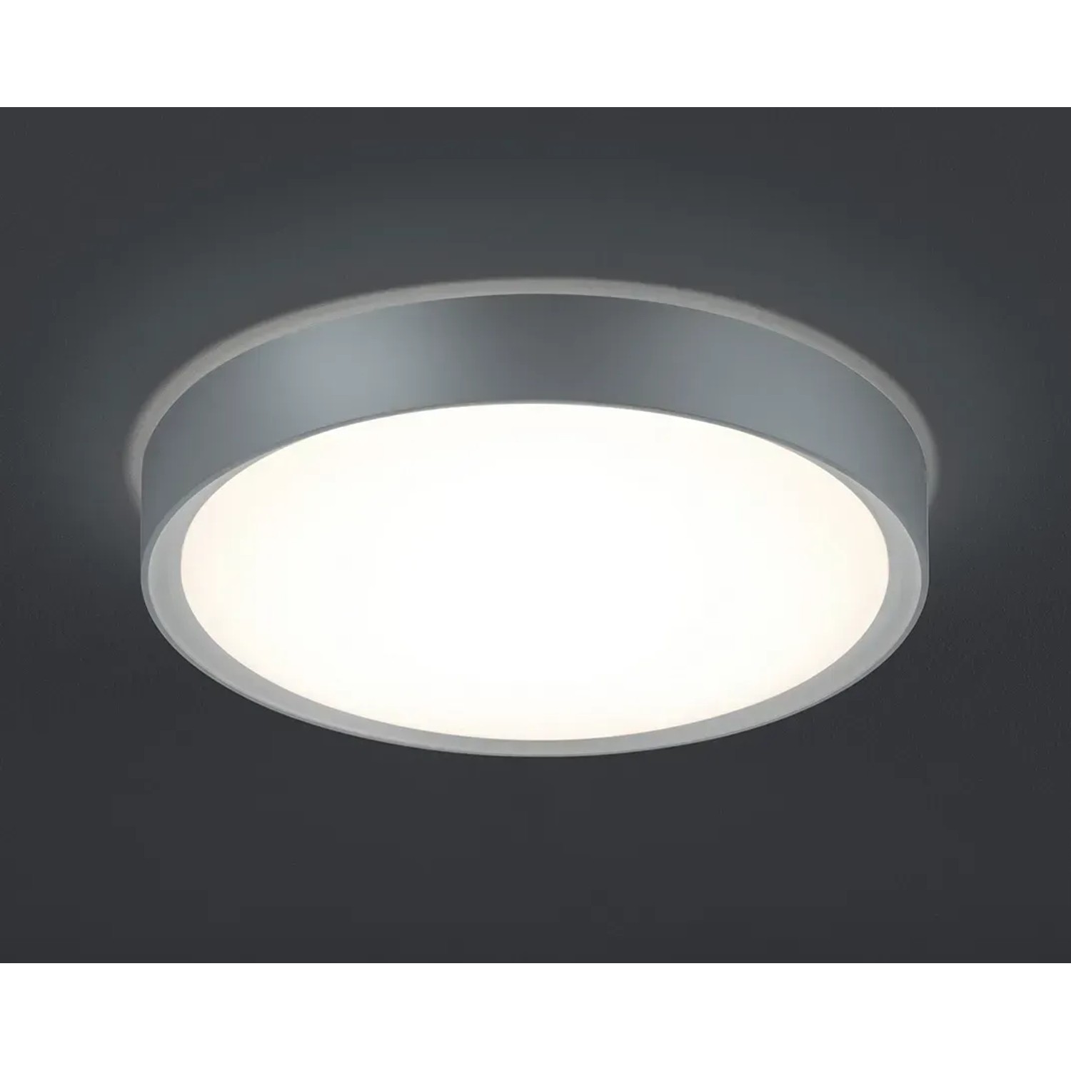 Runde Trio LED-Deckenleuchte in Titan-Weiß mit Acrylglas, 33 cm Durchmesser.