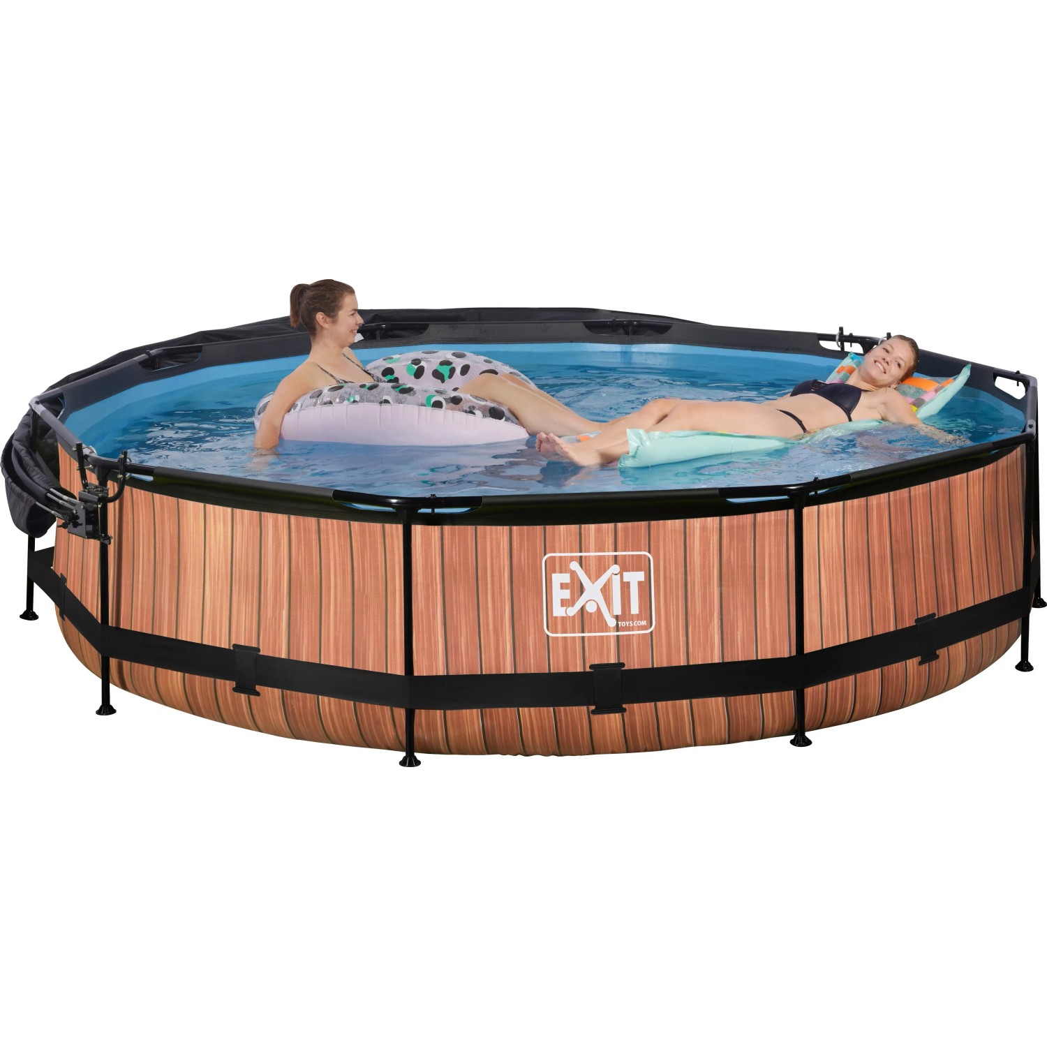 EXIT Wood Pool, braun, ø 360 cm mit Sonnensegel und Filterpumpe. Zwei Personen entspannen im Stahlrahmen Pool.