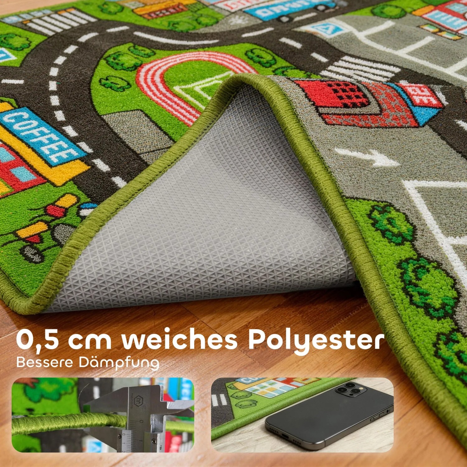 AIYAPLAY Spielmatte mit Stadtmotiv, 0,5 cm dickem, weichem Polyester und rutschfester Unterseite.