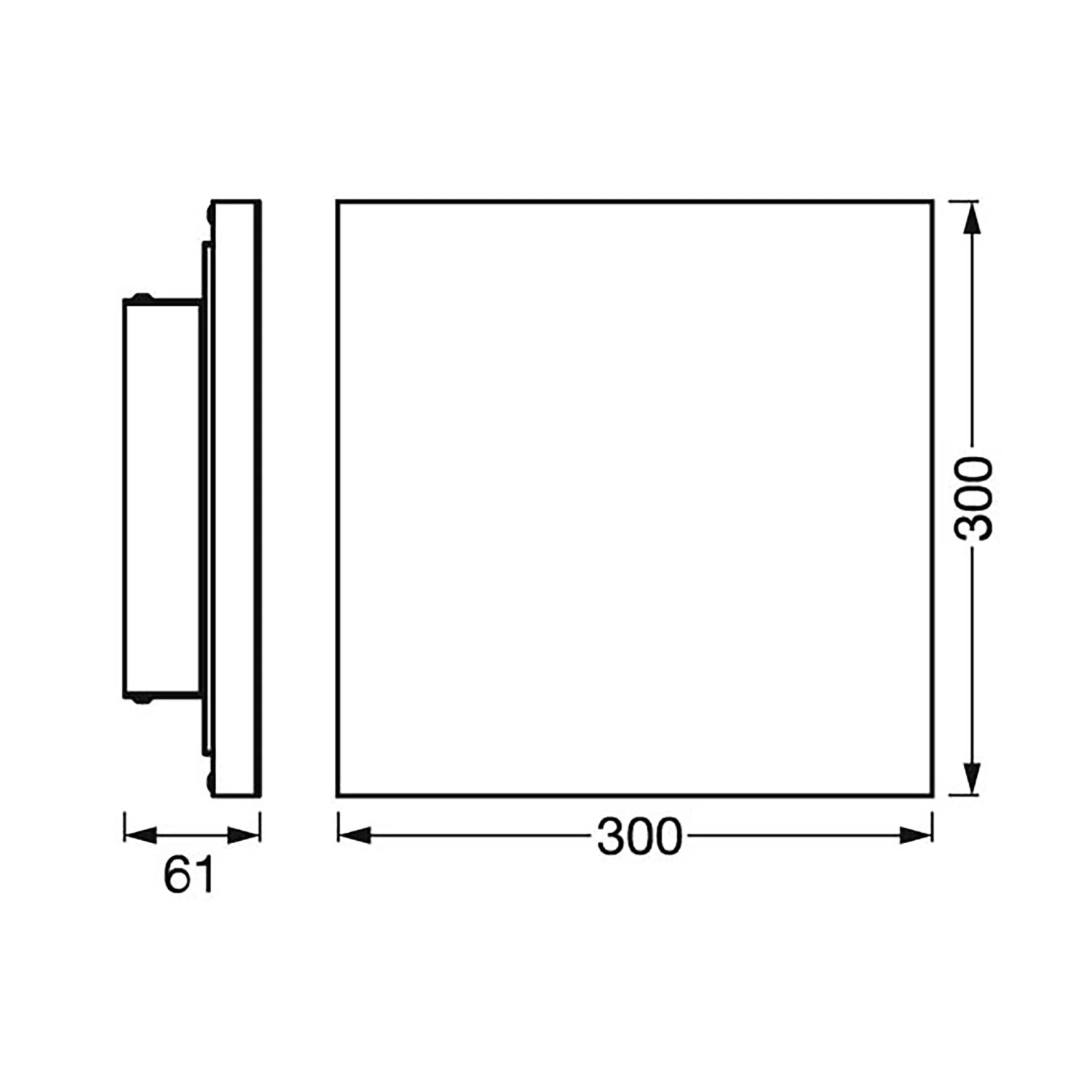 Technische Zeichnung der rahmenlosen Ledvance Planon Sun@Home Smart+ Panelleuchte, 30x30 cm.